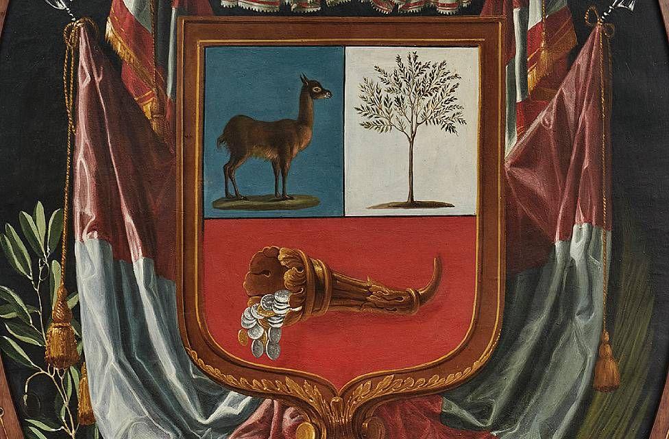 Escudo nacional en el que se ve una alpaca y un árbol