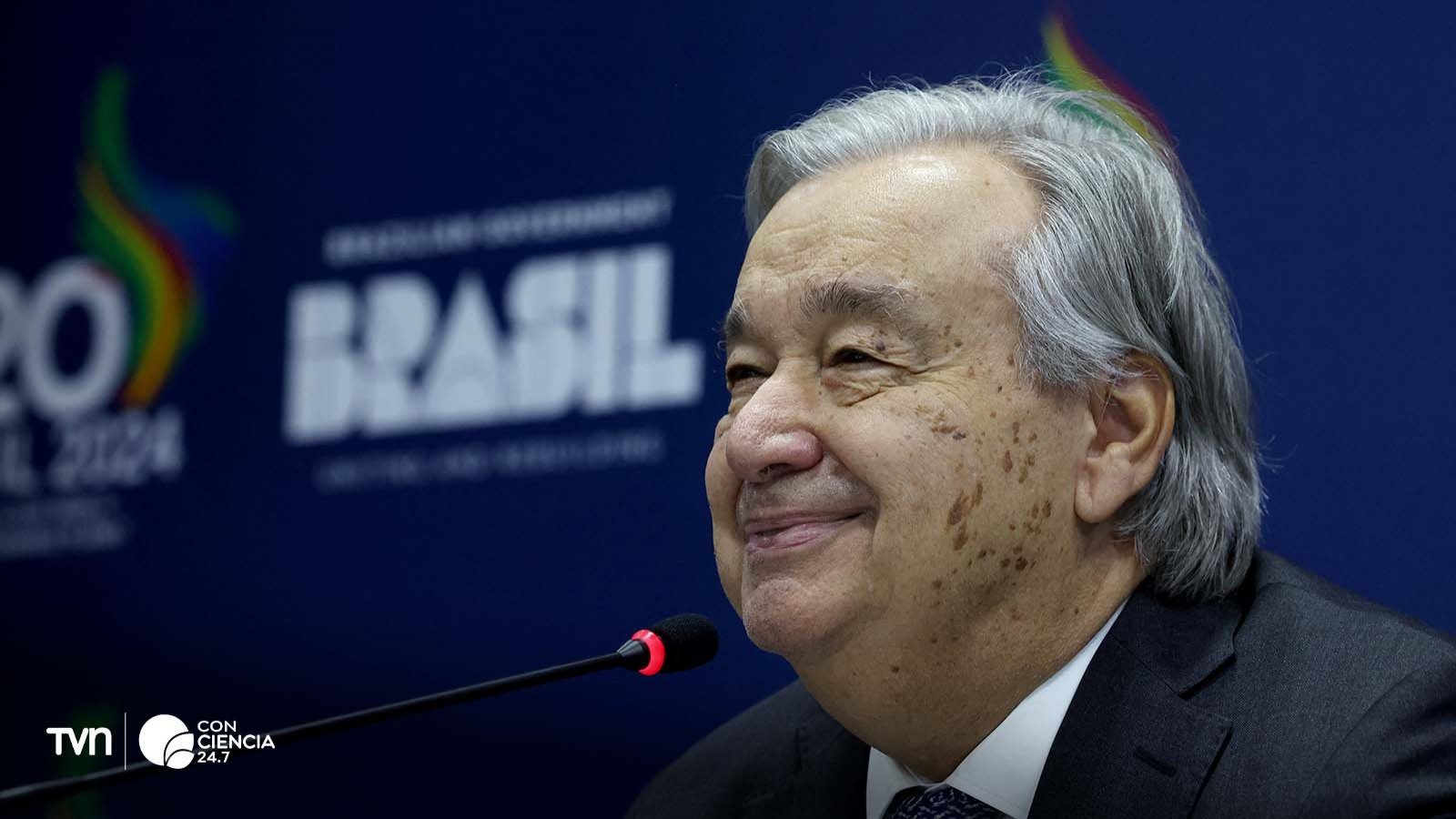 António Guterres en rueda de prensa sobre la COP29, destacando la necesidad de liderazgo climático del G20.