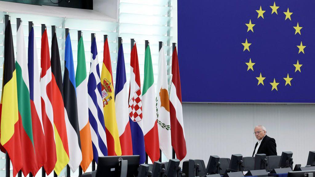 Sala interior del Parlamento europeo con las banderas de los países que forman parte de la Unión.