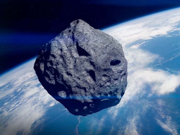 Imagen de un asteroide en el espacio con una posible trayectoria hacia la Tierra, basado en modelos de la NASA.