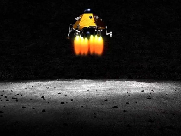 Ilustración de un robot volador explorando la superficie del polo sur de la Luna en busca de hielo.