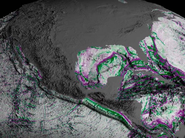 Visualización del fondo marino revelado por el satélite SWOT, con montes y colinas submarinas destacadas.