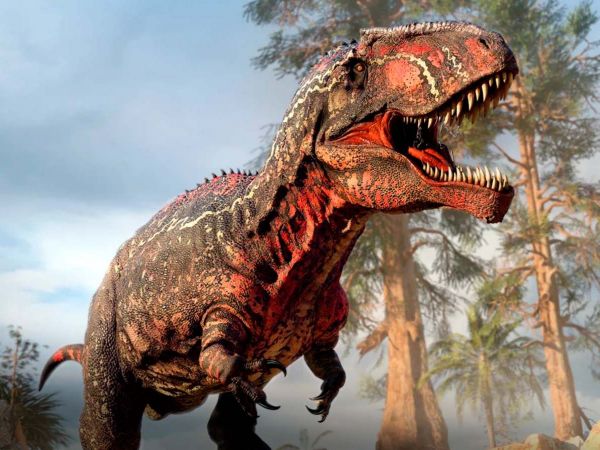 Reconstrucción artística de un T. rex caminando por el territorio de Laramidia hace 68 millones de años.
