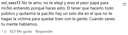 Pantallazo del primer comentario que hizo la hija de Juan Pablo Saéz