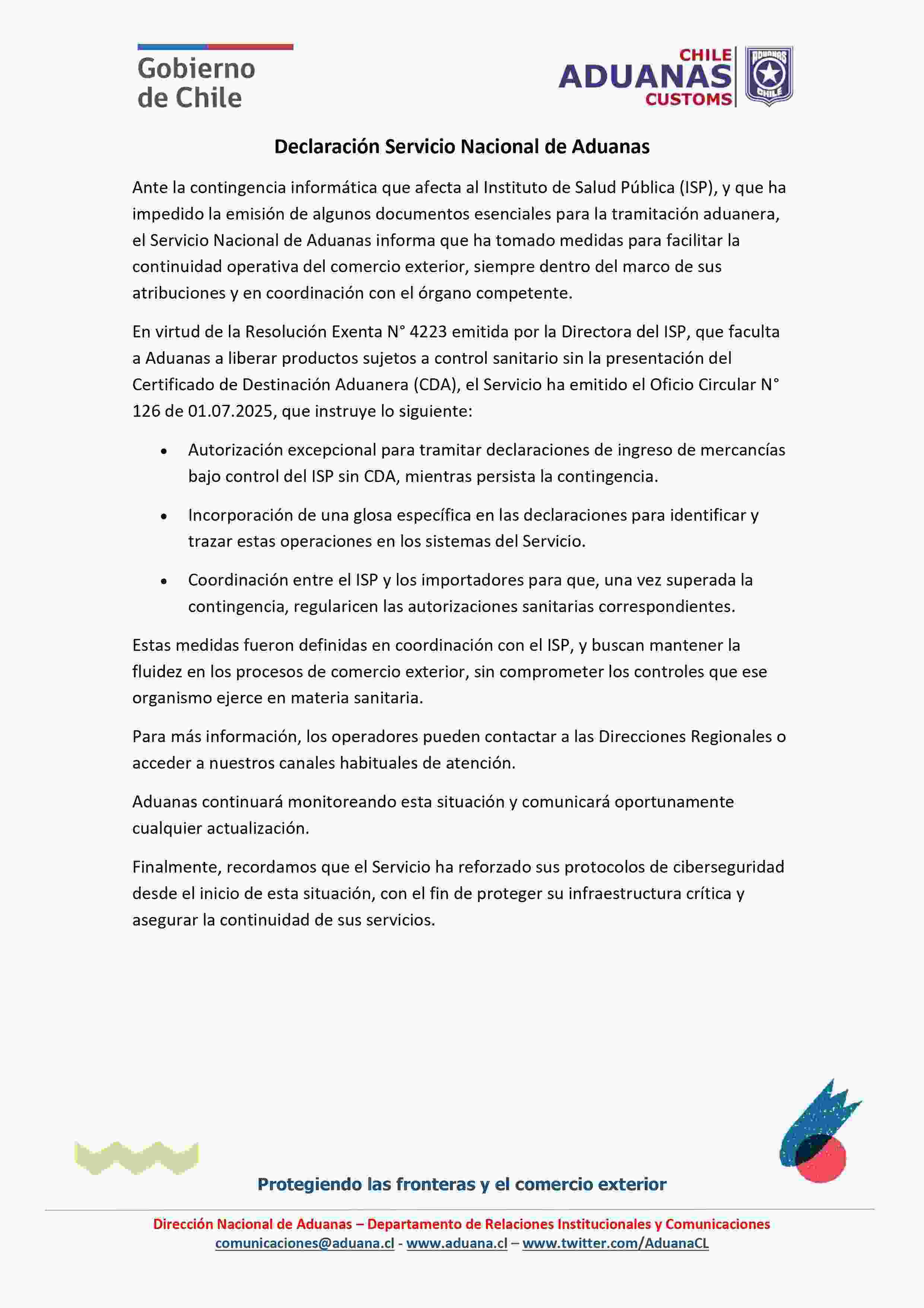 Comunicado de Aduanas por hackeo al ISP