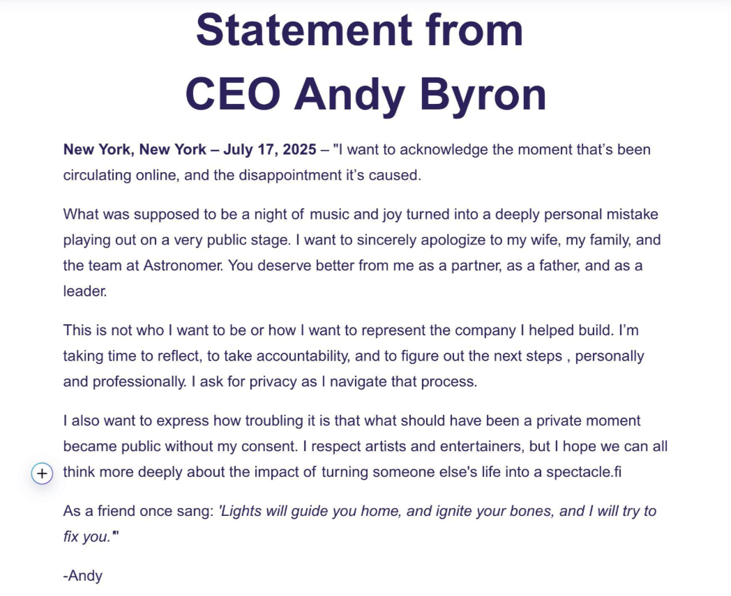 La supuesta declaración de Andy Byron pidiendo disculpas a su familia y equipo de trabajo