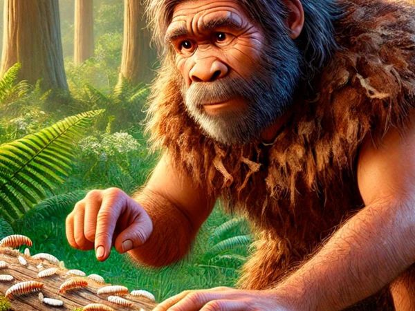 Representación artística de neandertales recolectando carne en descomposición con larvas en un entorno prehistórico.