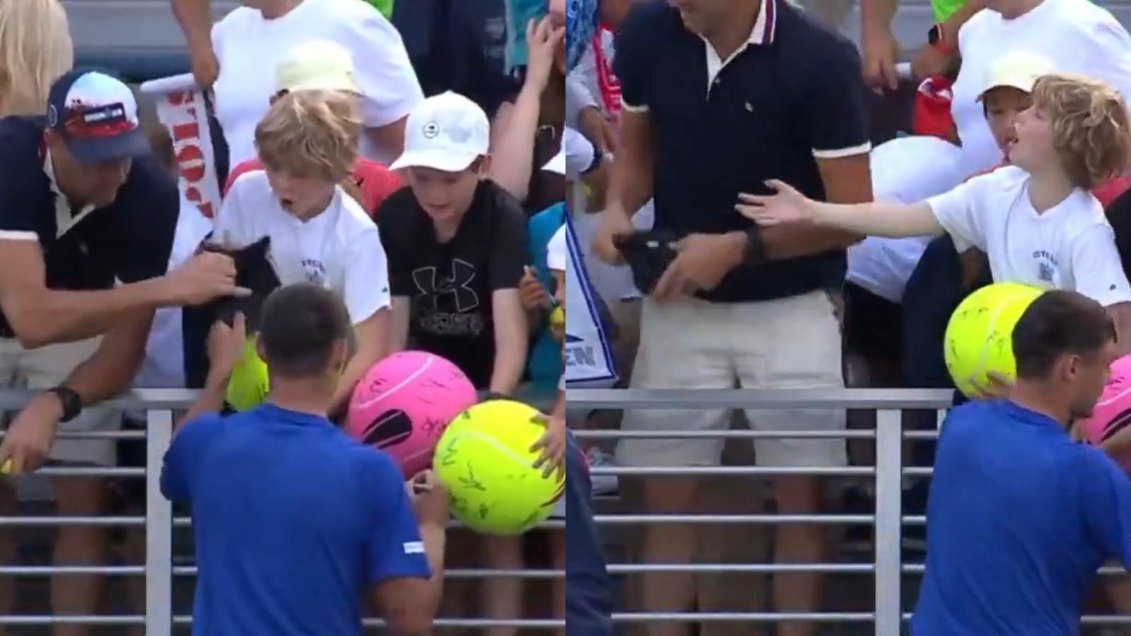 Momento en el que el empresario le roba la gorra a un niño