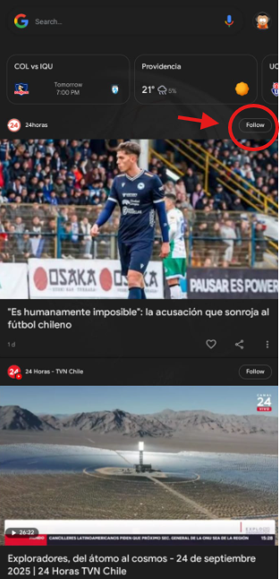 Seguir a 24horas.cl en Google Discover