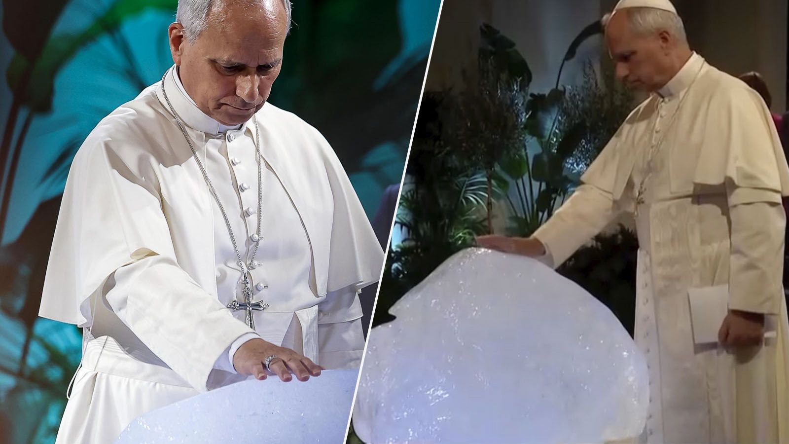 Papa León bendice un bloque de hielo