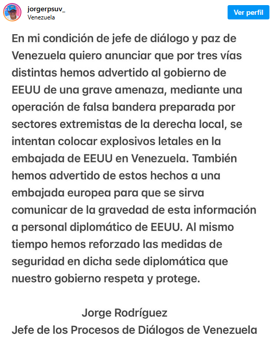 Mensaje de instagram de Jorge rodríguez