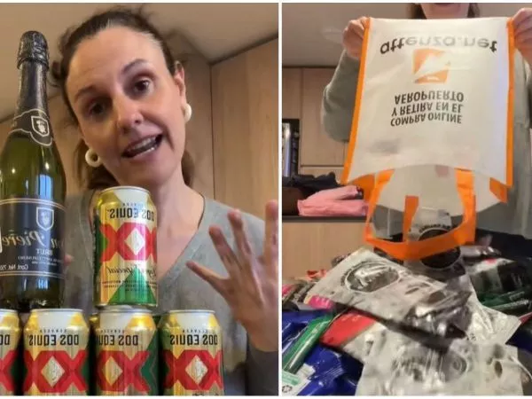 Mujer muestra lo que se trajo desde el hotel