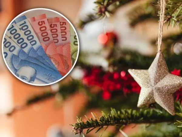 Foto referencial aguinaldo de navidad 2025. árbol de navidad y billetes