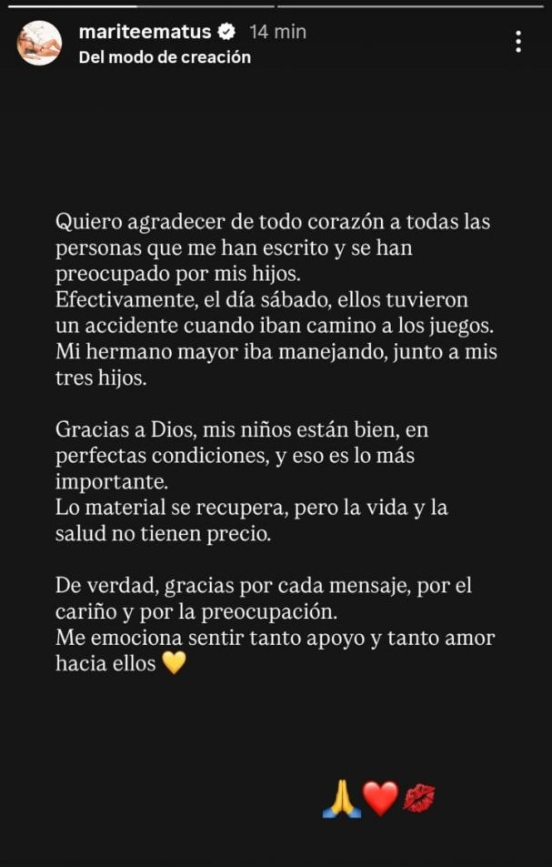 Mensaje de Marité Matus en Instagram