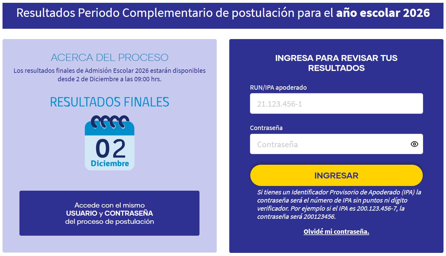 Resultados Periodo Complementario de postulación para el año escolar 2026