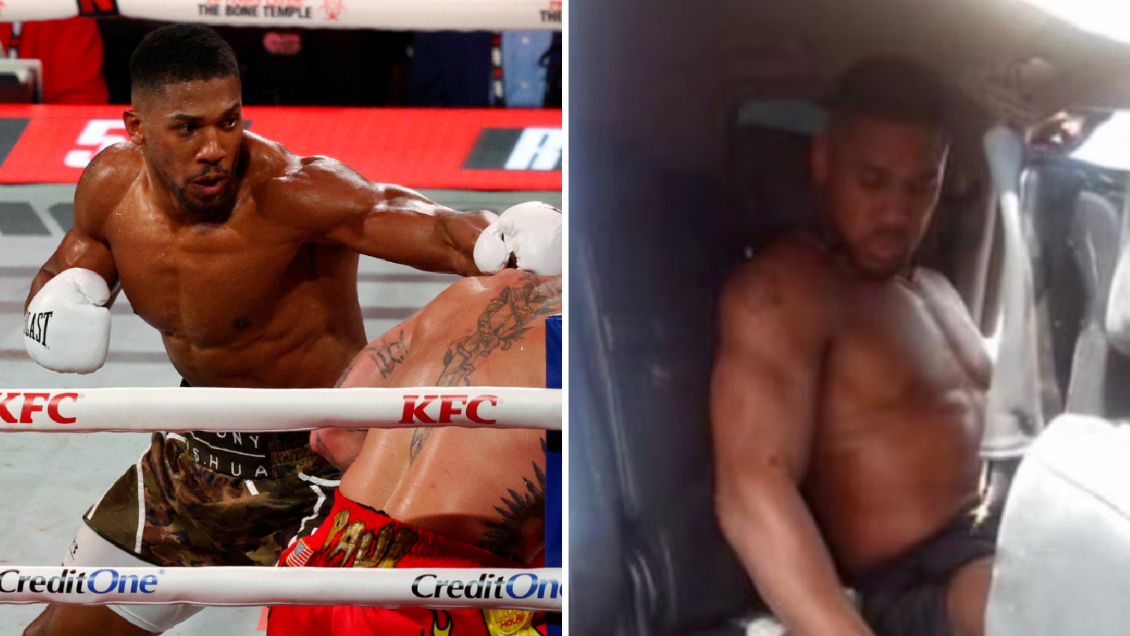 Anthony Joshua boxeando y en el accidente que protagonizó
