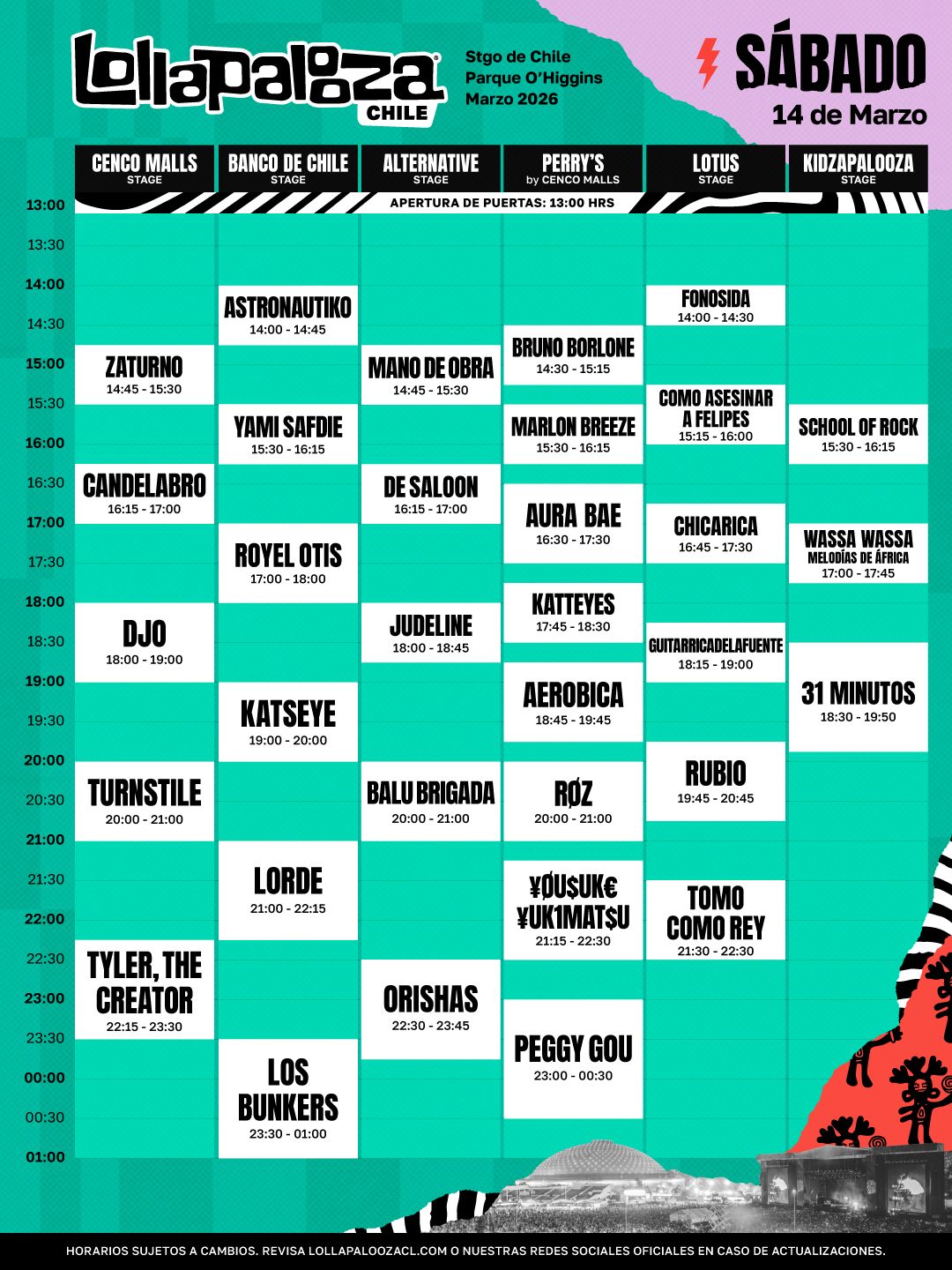 Lollapalooza 2026, programación y horarios line up sábado