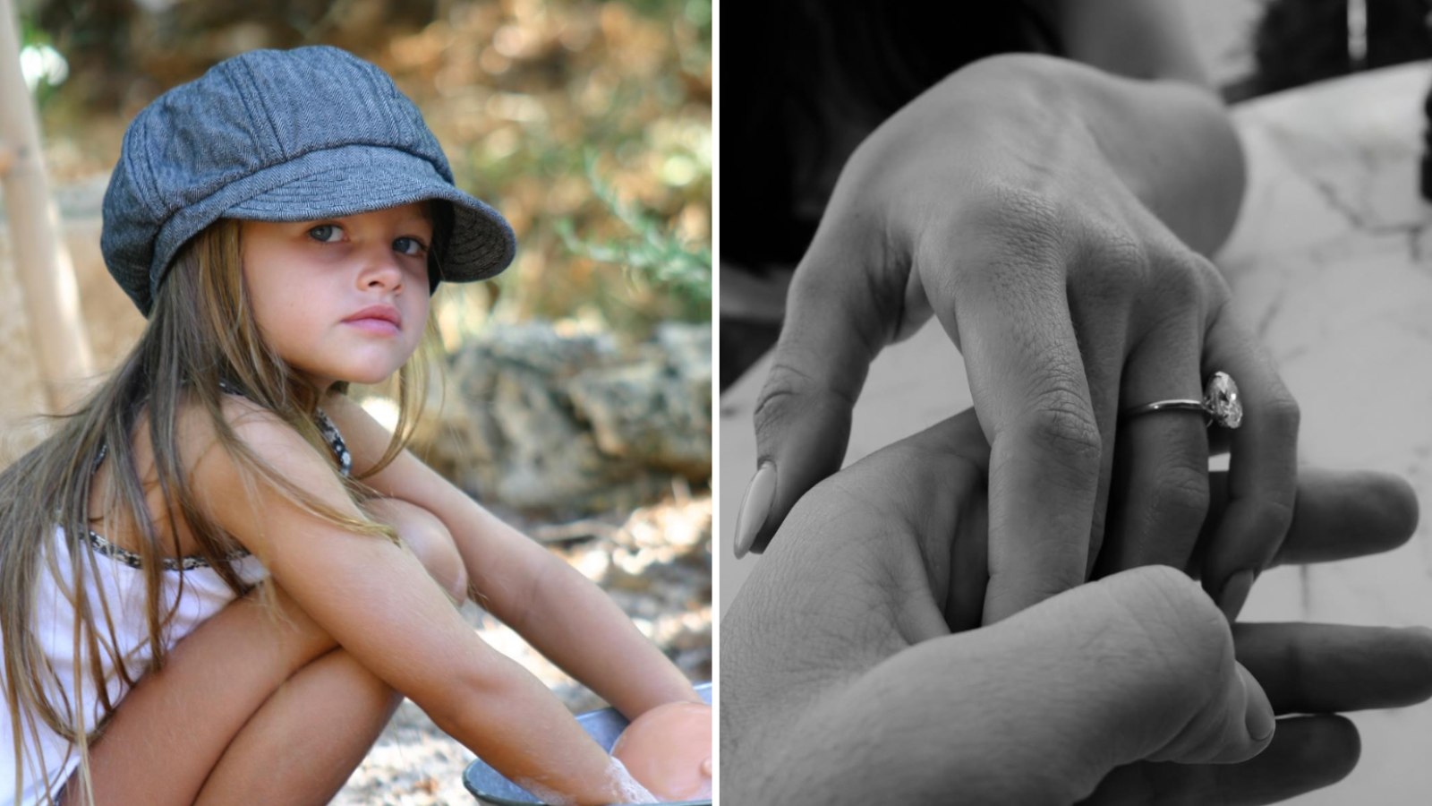 Thylane Blondeau cuando niña y en la actualidad mostrando su anillo de compromiso