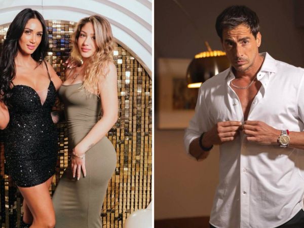 Pamela Díaz posando con su hija, Trinidad Cerda. Al lado posa Camilo Huerta.