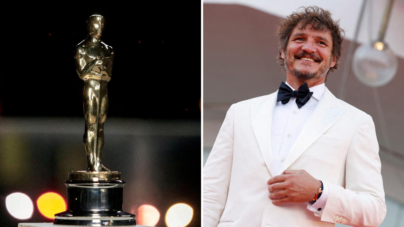 Estatuilla de los Premios Oscar y Pedro Pascal en una ceremonia