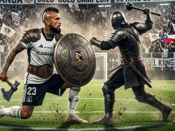 Imagen de IA de Arturo Vidal como guerrero sosteniendo un escudo de Colo Colo frente a un rival