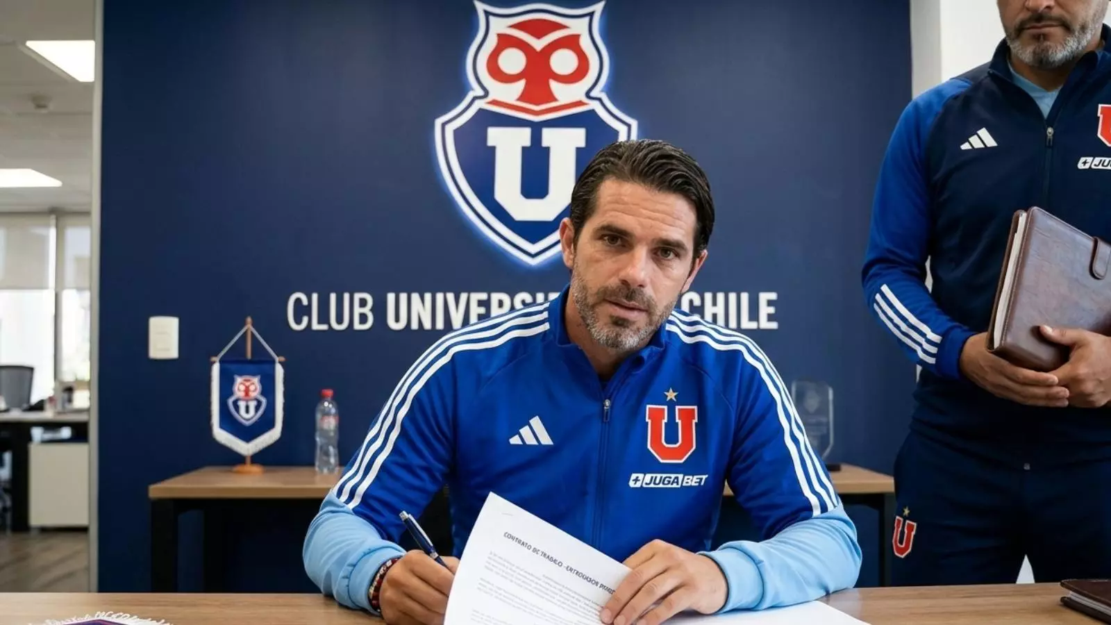 Ilustración realizada con IA de Fernando Gago firmando su contrato con la Universidad de Chile