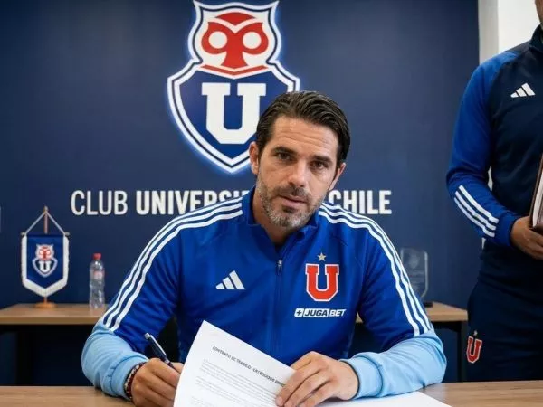 Ilustración realizada con IA de Fernando Gago firmando su contrato con la Universidad de Chile