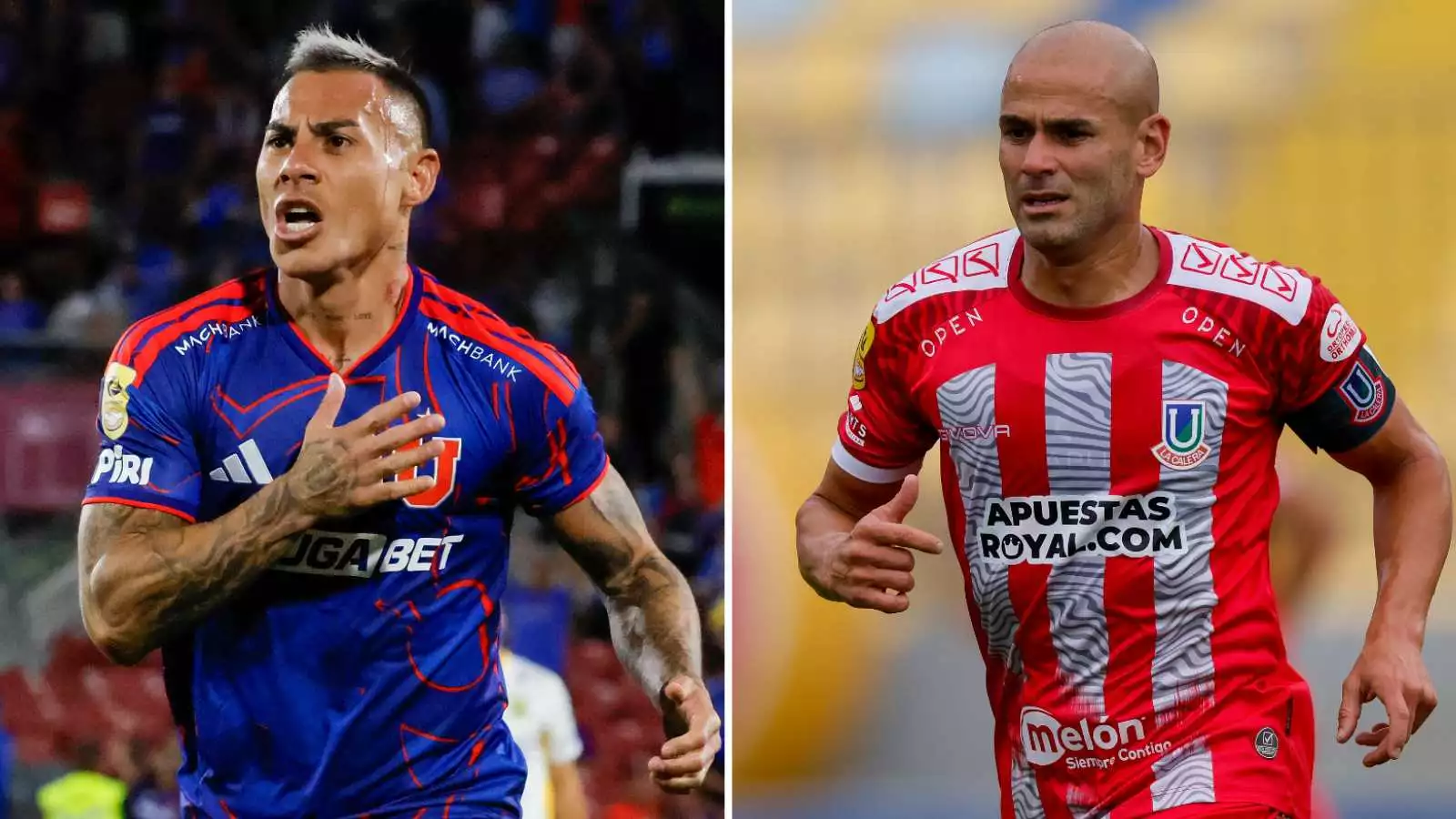 Eduardo Vargas y Sebastian Saez celebrando un gol por cada uno de sus equipos.