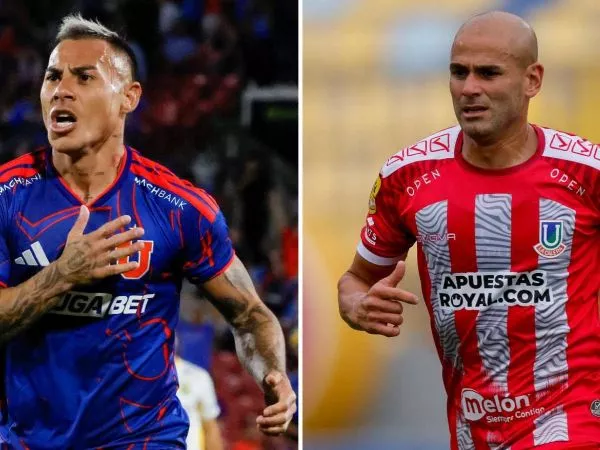 Eduardo Vargas y Sebastian Saez celebrando un gol por cada uno de sus equipos.