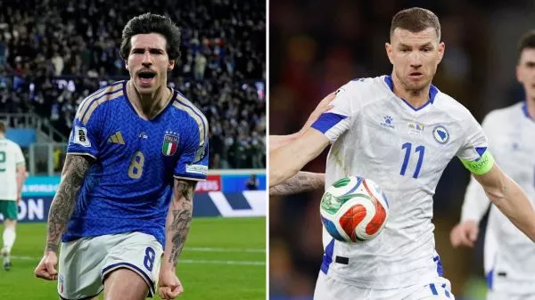 Sandro Tonali y Edin Dzeko disputando un partido por sus selecciones