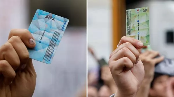 Personas sosteniendo tarjetas de TNE de educación superior y media.