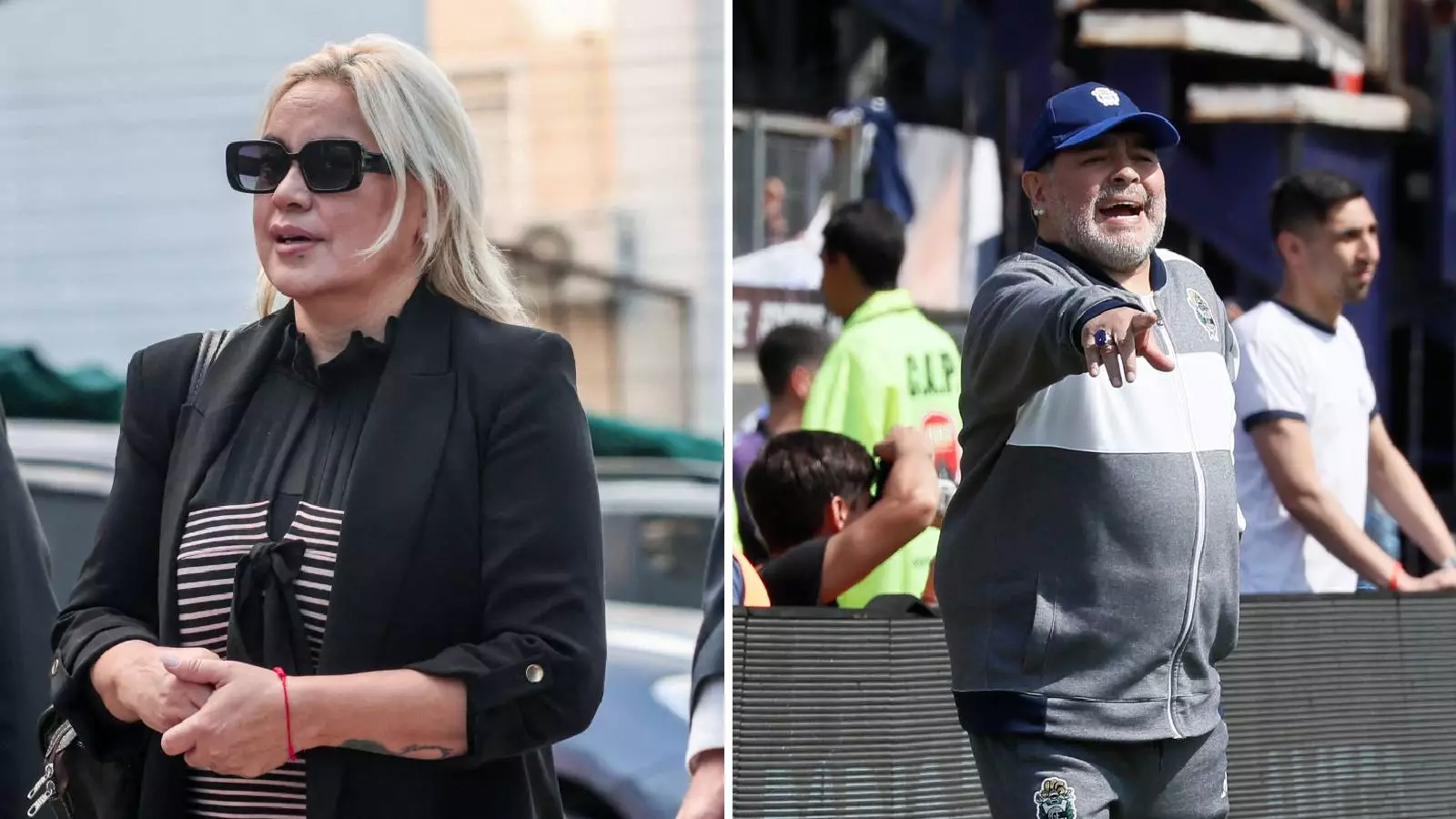 Verónica Ojeda llegando al juicio por la muerte de Diego Maradona y Diego Maradona dirigiendo Gimnasia