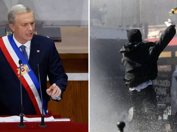 Presidente José Antonio Kast en la Cuenta Pública y vándalo lanzando bomba molotov