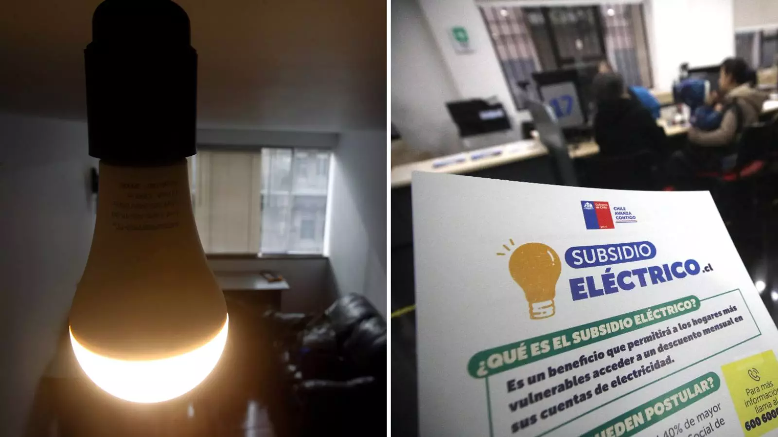 Ampolleta encendida y un folleto del subsidio eléctrico