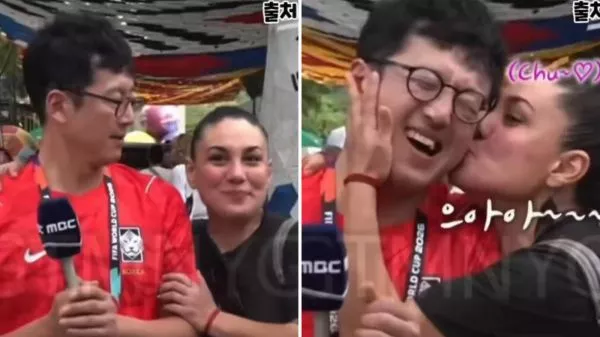 Reportero coreano siendo besado por fanática mexicana en el Mundial 2026