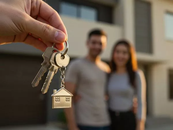 Pareja recibiendo las llaves de su casa propia