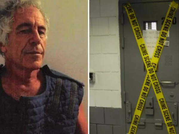 Jeffrey Epstein y una imagen de la puerta de su celda tras el suicidio.