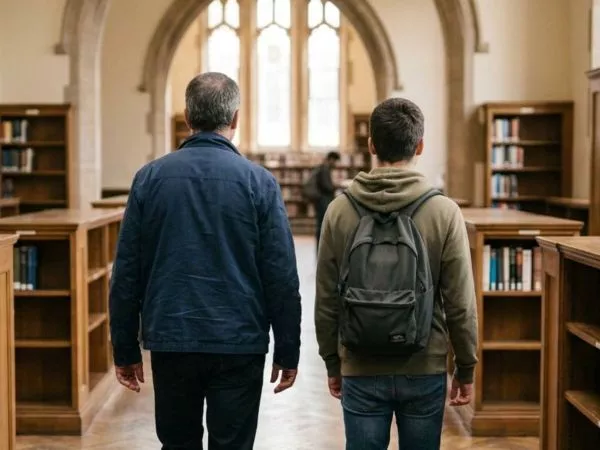Padre e hijo en una biblioteca de una universidad
