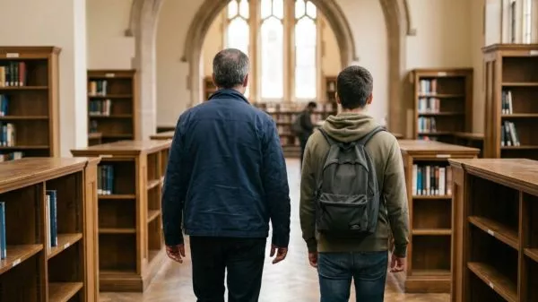 Padre e hijo en una biblioteca de una universidad