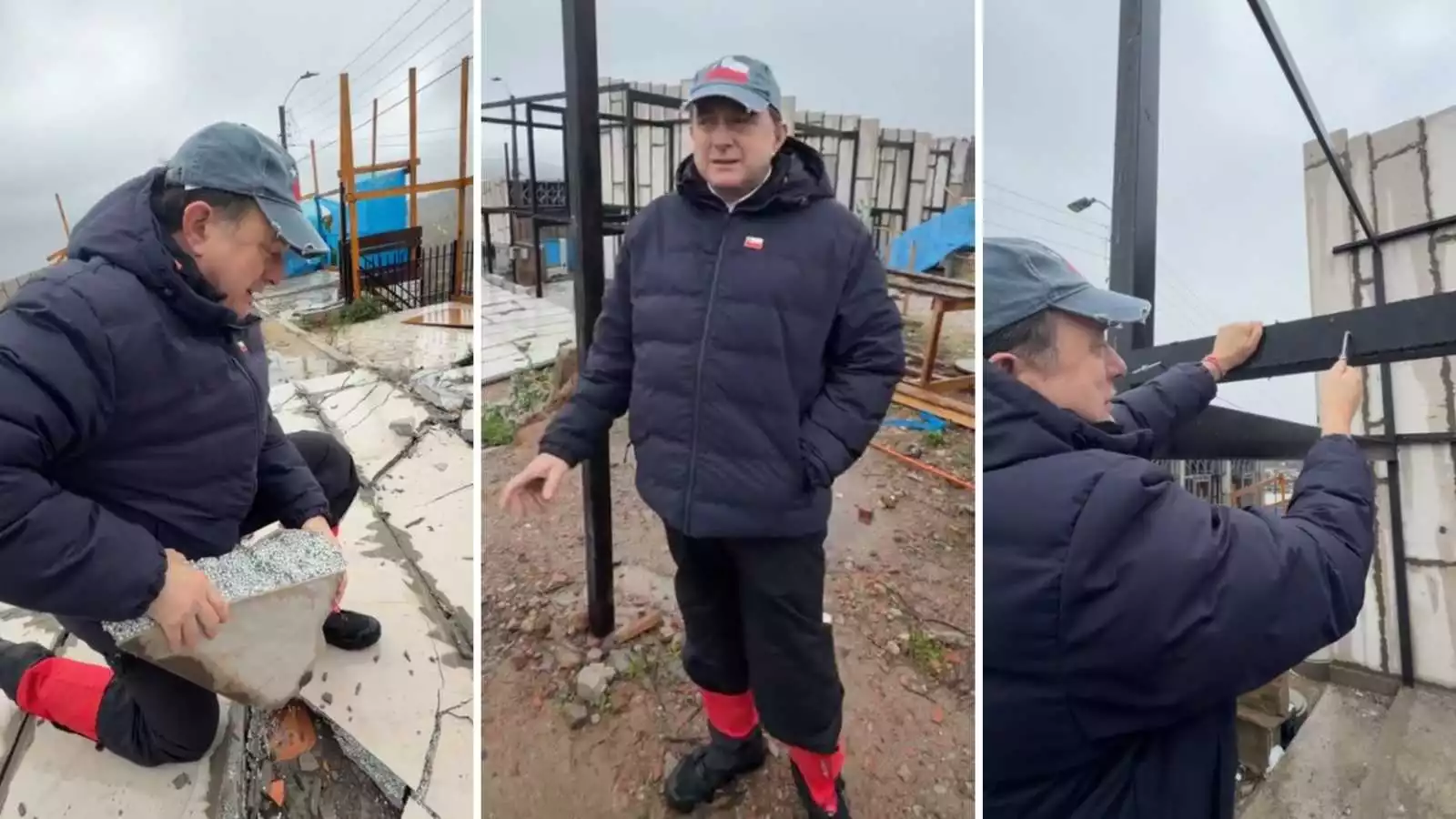 Iván Poduje mostrando los daños del derrumbe de un muro en el sector de El Olivar